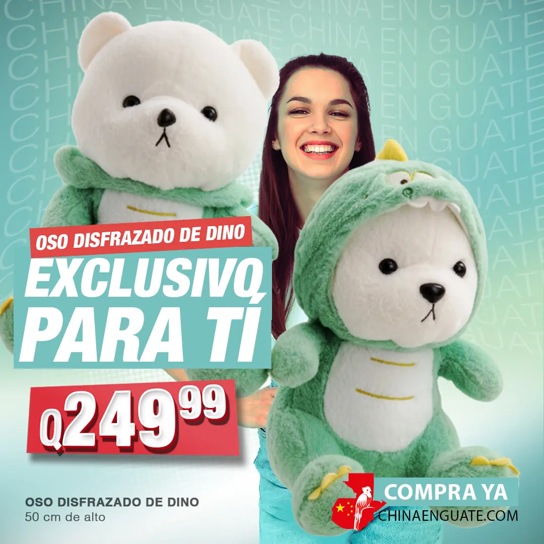 Suave y cariñoso oso blanco de felpa disfrazado de dinosaurio verde